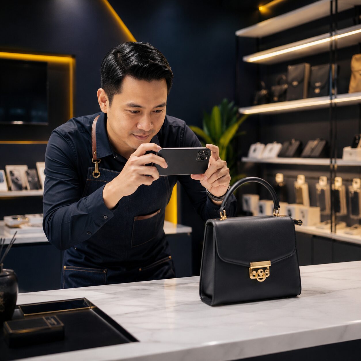 Laptop menampilkan dashboard katalog produk dan menu layanan profil bisnis Google di ruang kerja modern