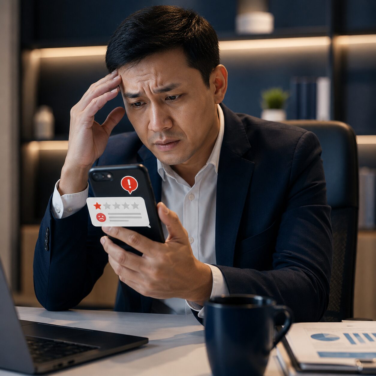 Laptop di ruang kerja modern menampilkan dashboard manajemen reputasi online dan filter ulasan profil bisnis