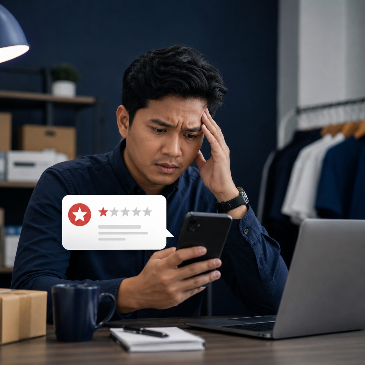 Pemilik bisnis lokal Indonesia terlihat khawatir saat membaca notifikasi ulasan bintang satu di smartphone
