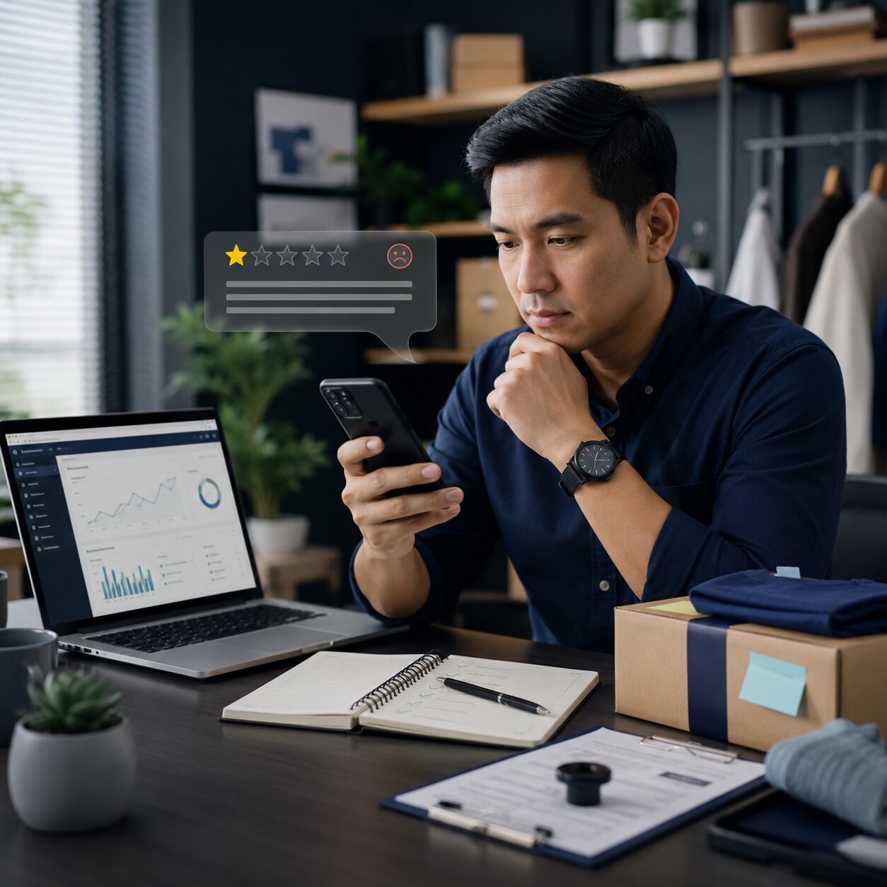 Spesialis SEO menganalisis pola ulasan spam di profil bisnis lokal pada monitor komputer