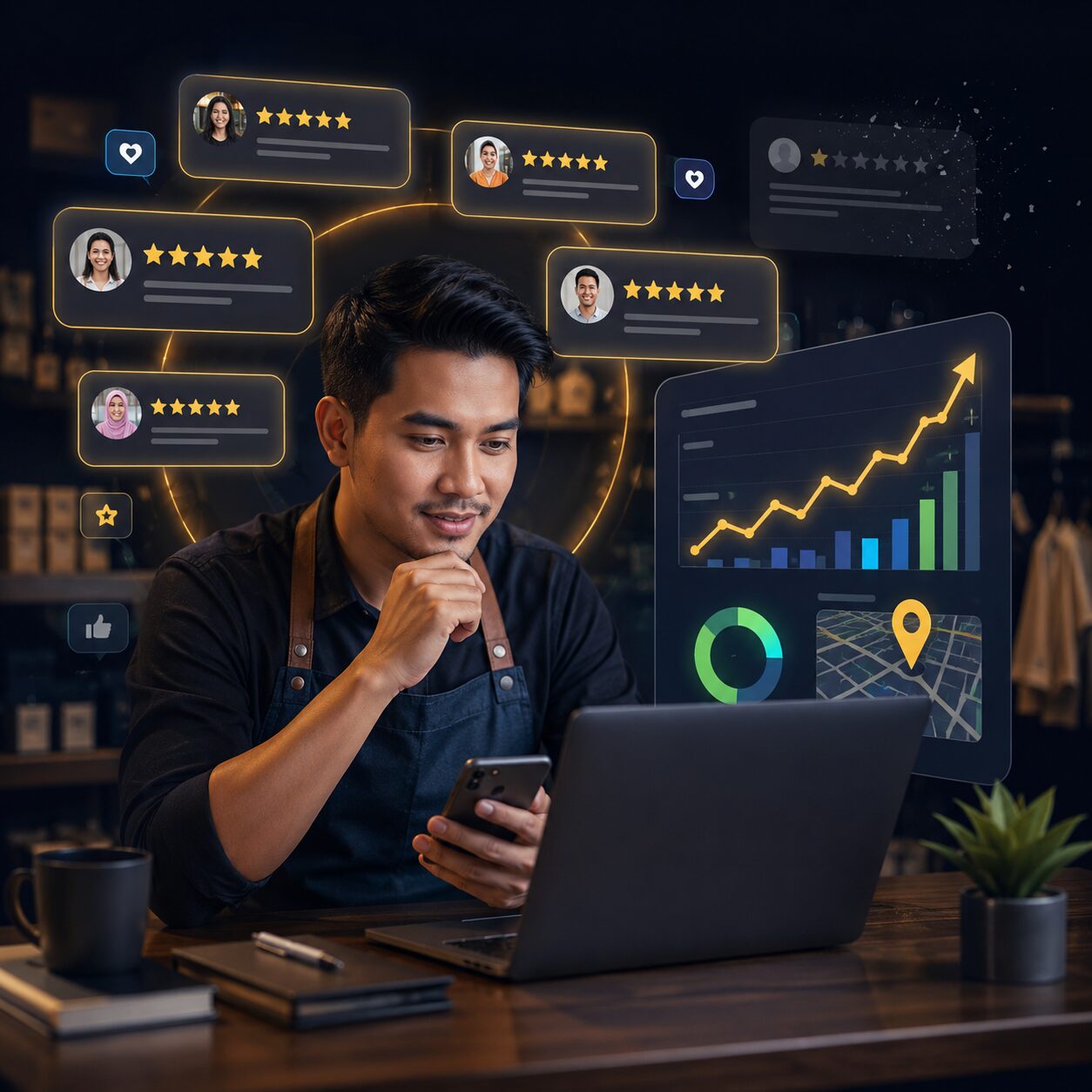 Laptop di ruang kerja modern menampilkan grafik pertumbuhan rating bintang 5 dan visibilitas Local SEO