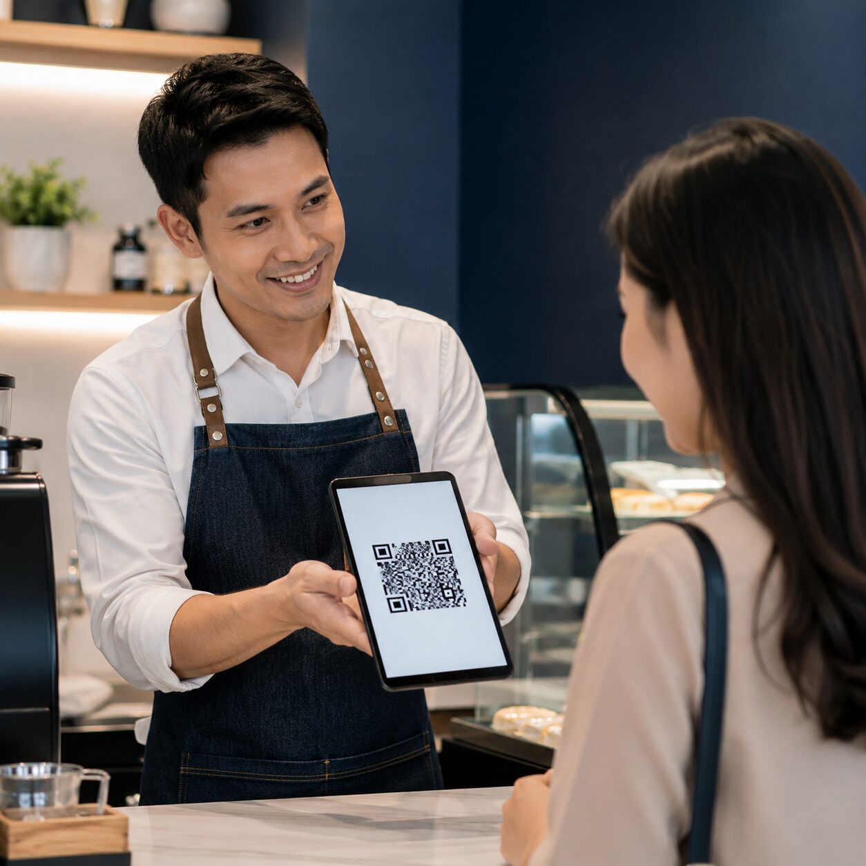Pemilik bisnis menunjukkan QR Code ulasan digital kepada pelanggan di area kasir toko