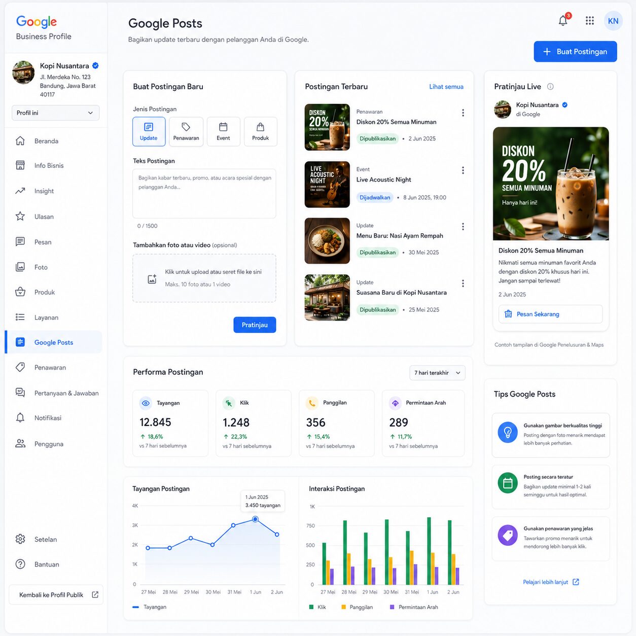 Dasbor pengelolaan akun Google Business Profile menampilkan fitur pembuatan google posts untuk optimasi lokal