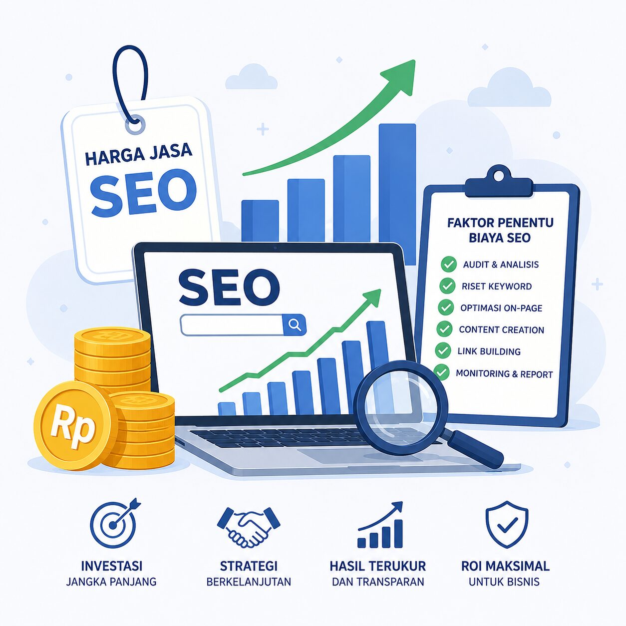 Marketer profesional memaparkan korelasi antara biaya jasa SEO bulanan dengan target leads bisnis