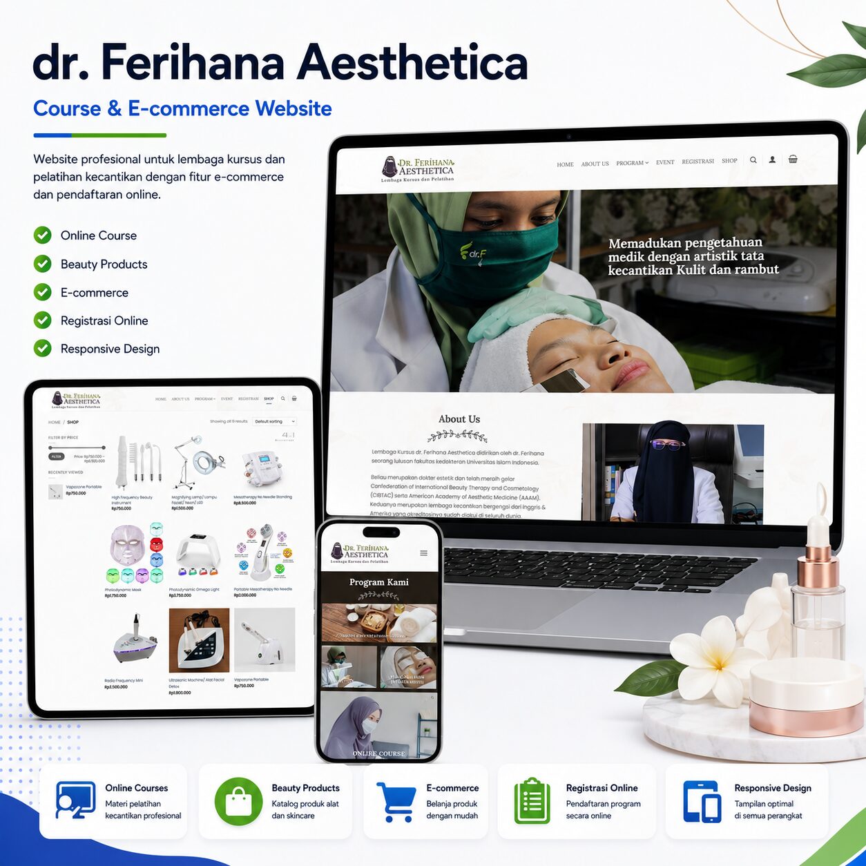 Portofolio website kursus dan e-commerce dr. Ferihana Aesthetica