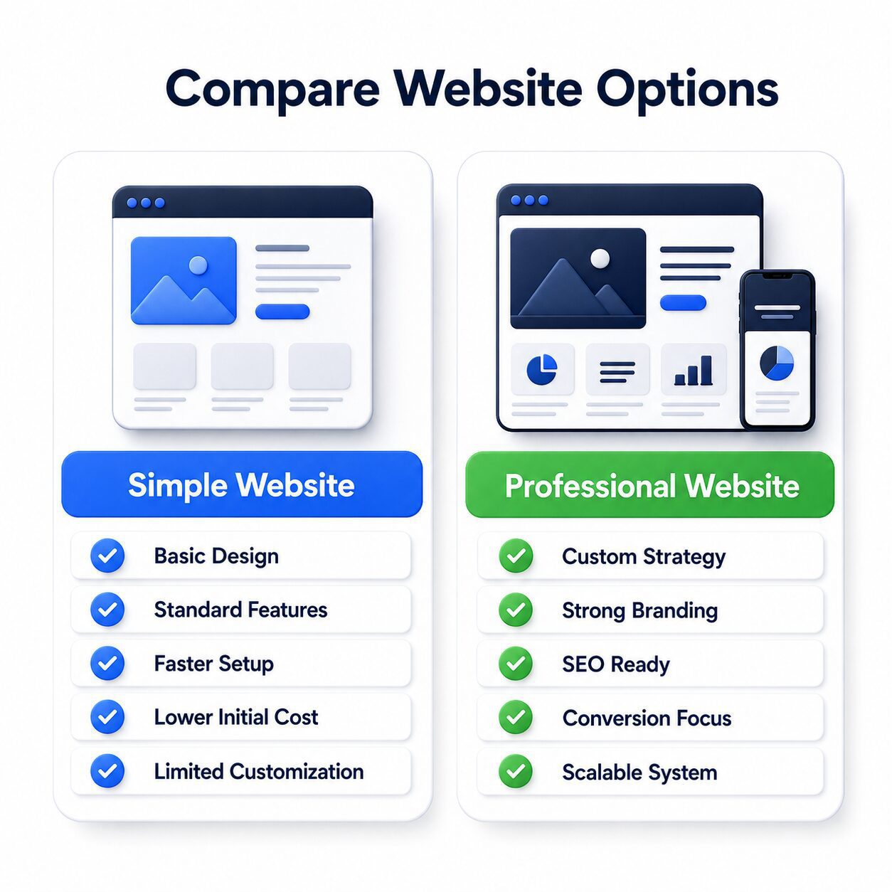Tabel visual perbandingan website sederhana dan website profesional