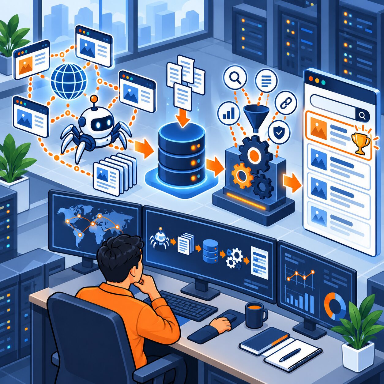 Alur teknis cara kerja search engine dari tahap crawling indexing hingga penentuan ranking