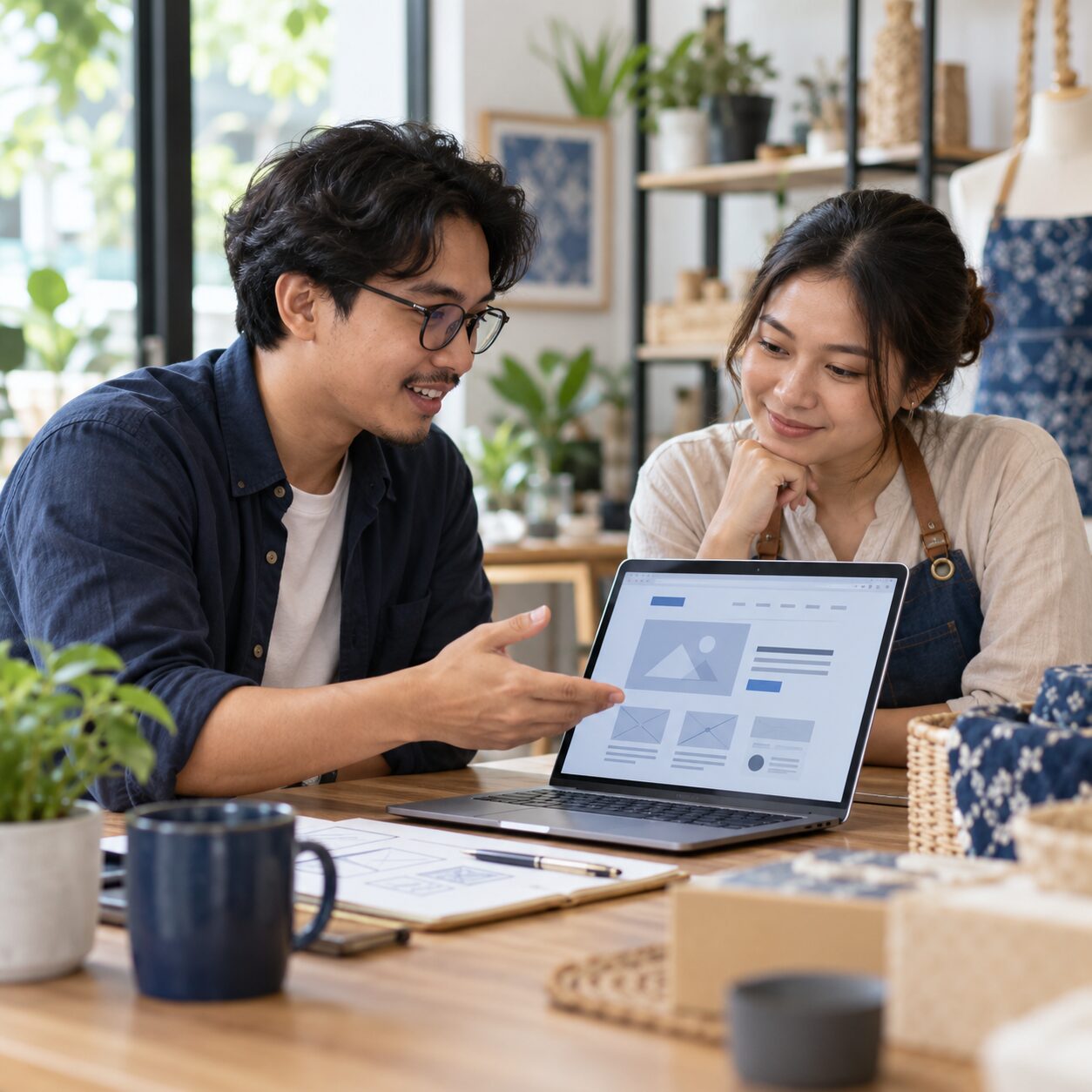 Desainer dan pemilik bisnis meninjau wireframe website
