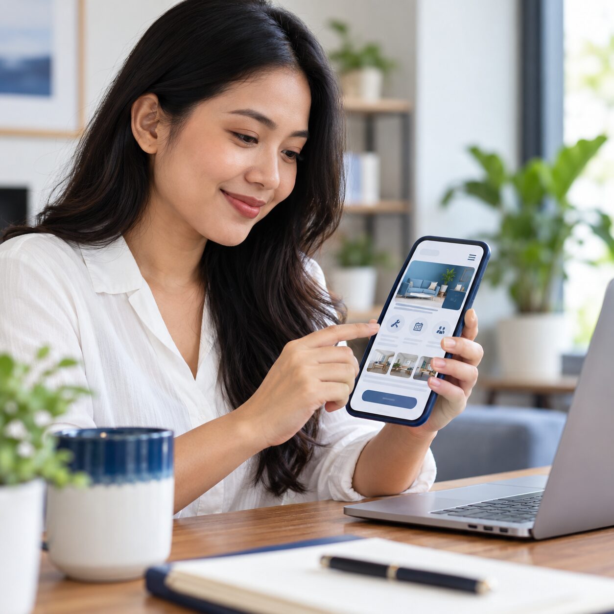 Pelanggan melihat website bisnis melalui ponsel