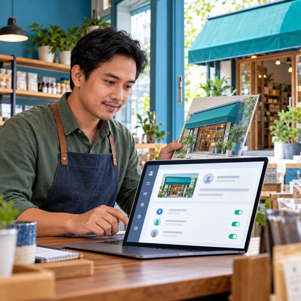 Pelanggan memeriksa pesan admin bisnis sebelum membayar uang muka