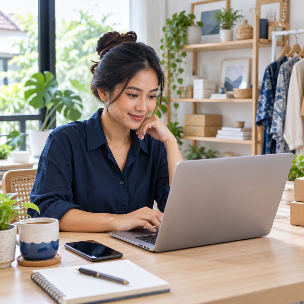Pemilik bisnis meninjau tampilan website melalui laptop